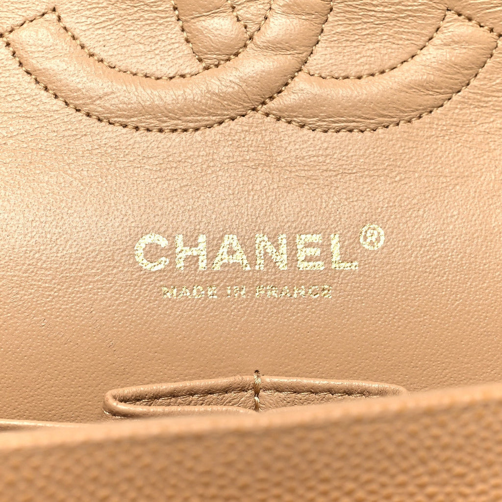 Caviar Quilted Medium Double Flap Beige