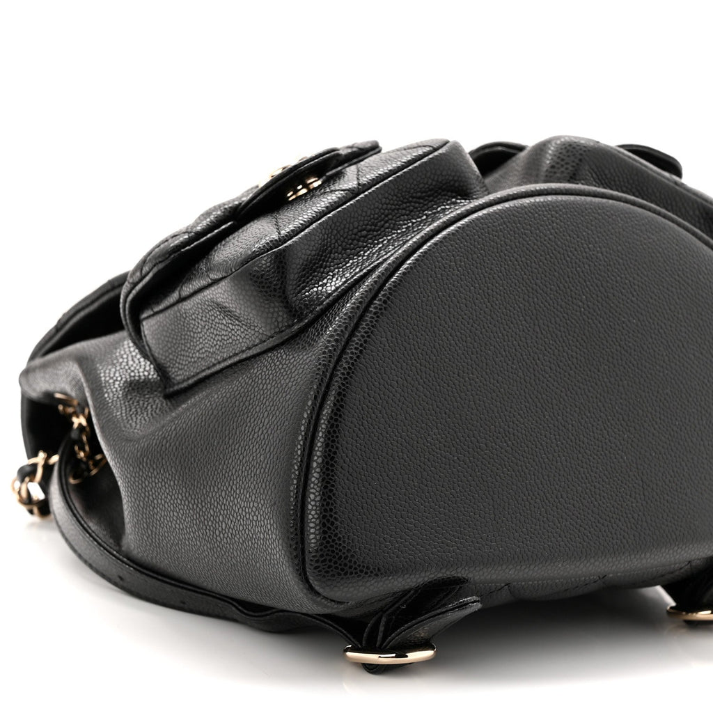 Shiny Caviar Quilted Medium Duma Pockets Drawstring Backpack Black