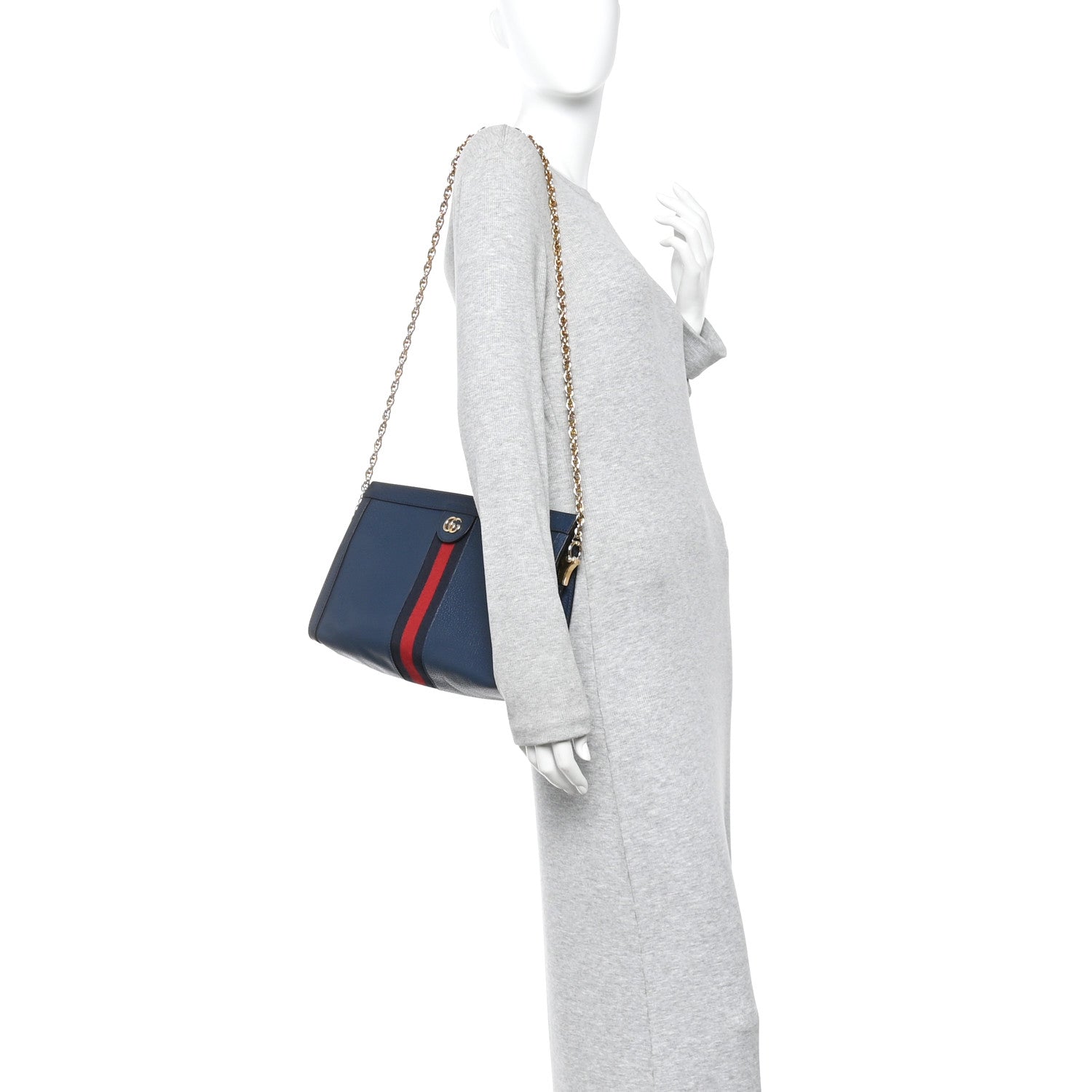 Textured Calfskin Web Medium Ophidia Chain Shoulder Bag Blue Agata