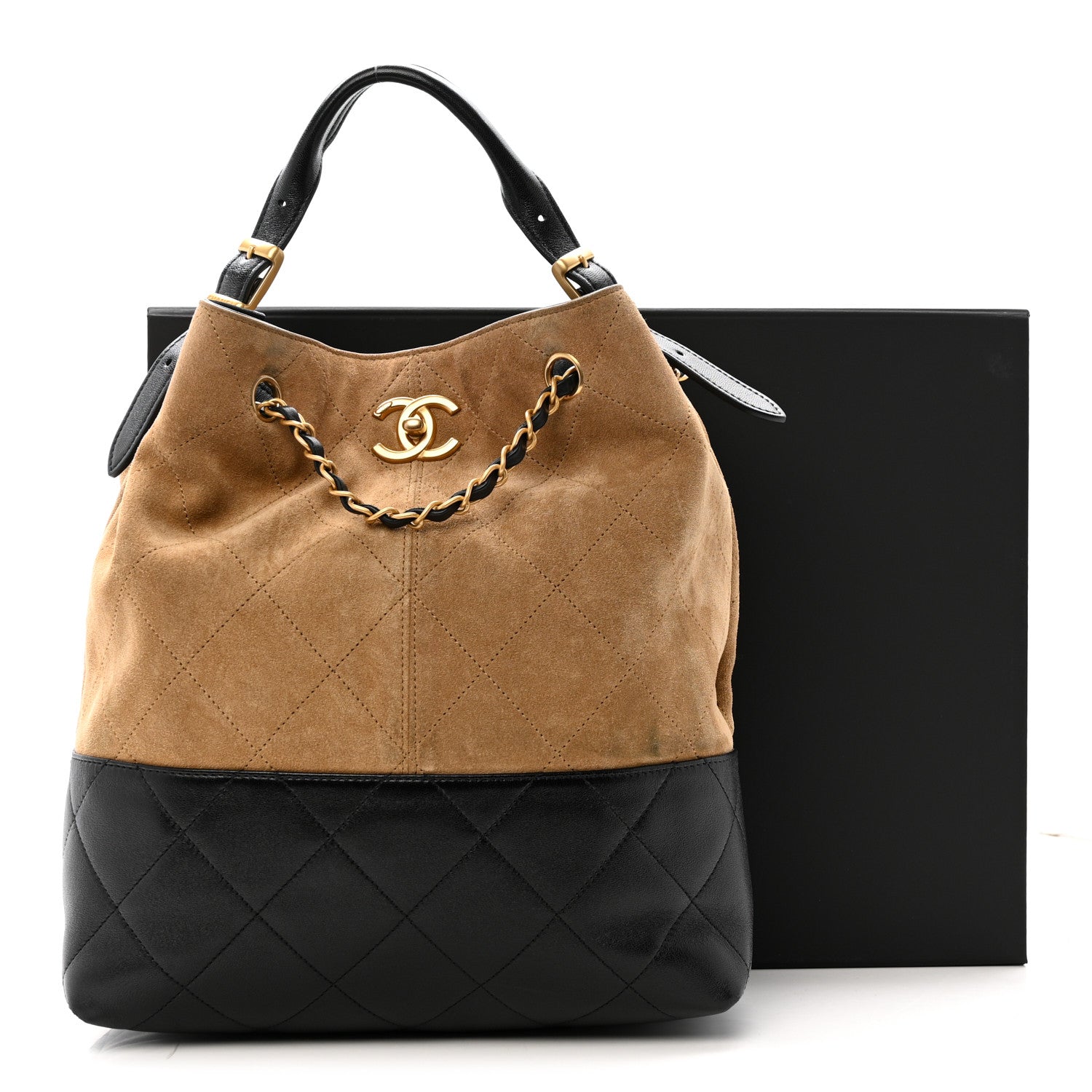 Suede Calfskin Shiny Lambskin Quilted Coco Base Shopping Bag Beige Black
