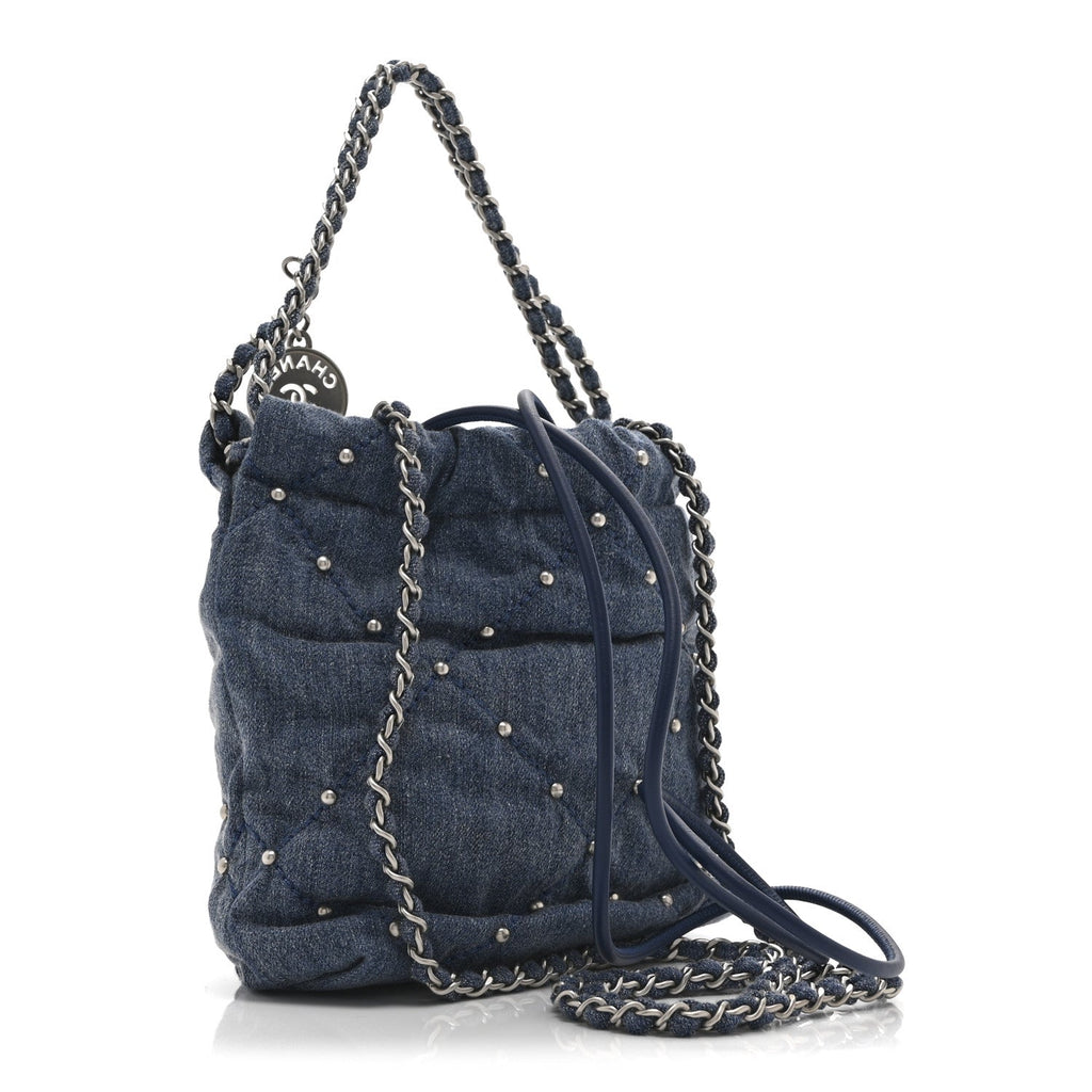 Washed Denim Quilted Studded Mini Chanel 22 Blue