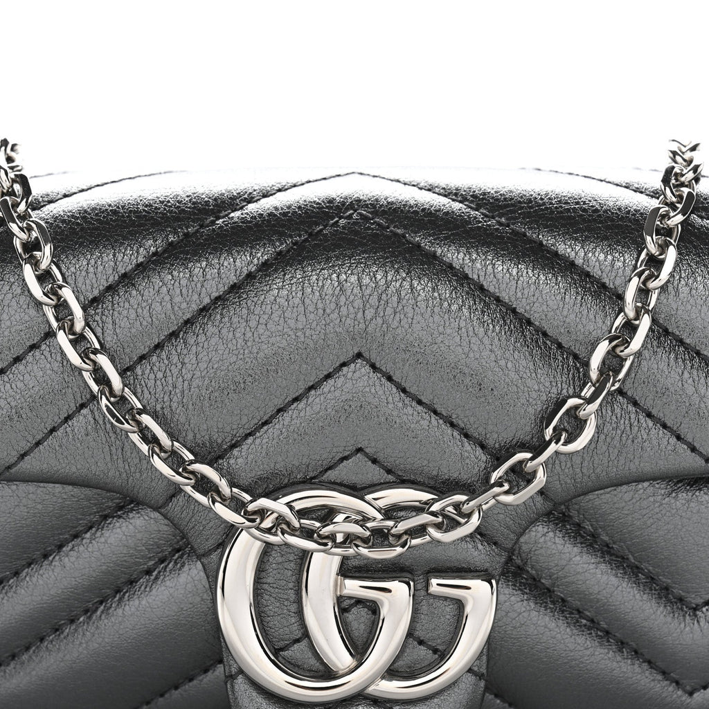 Metallic Lambskin Matelasse Mini GG Marmont Shoulder Bag Piombo