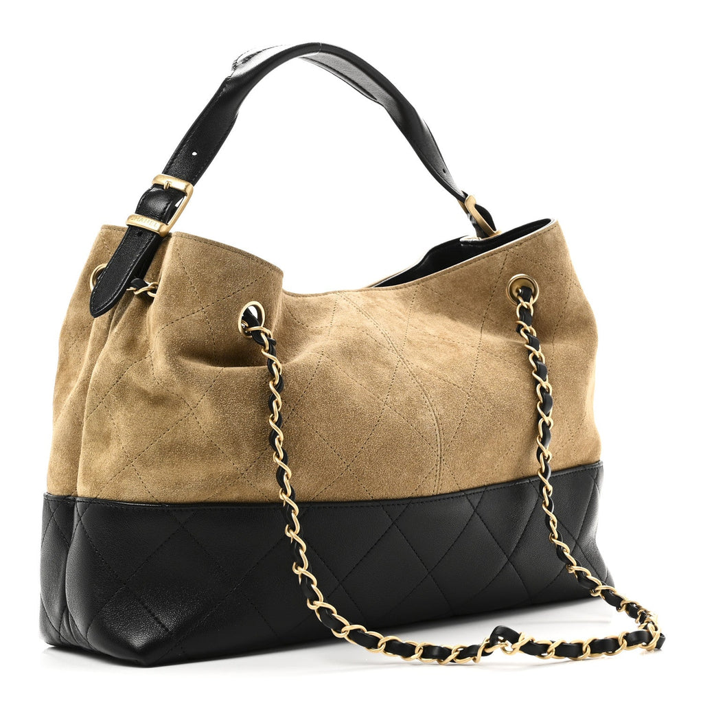 Suede Calfskin Shiny Lambskin Quilted Small Coco Base Shopping Bag Beige Black