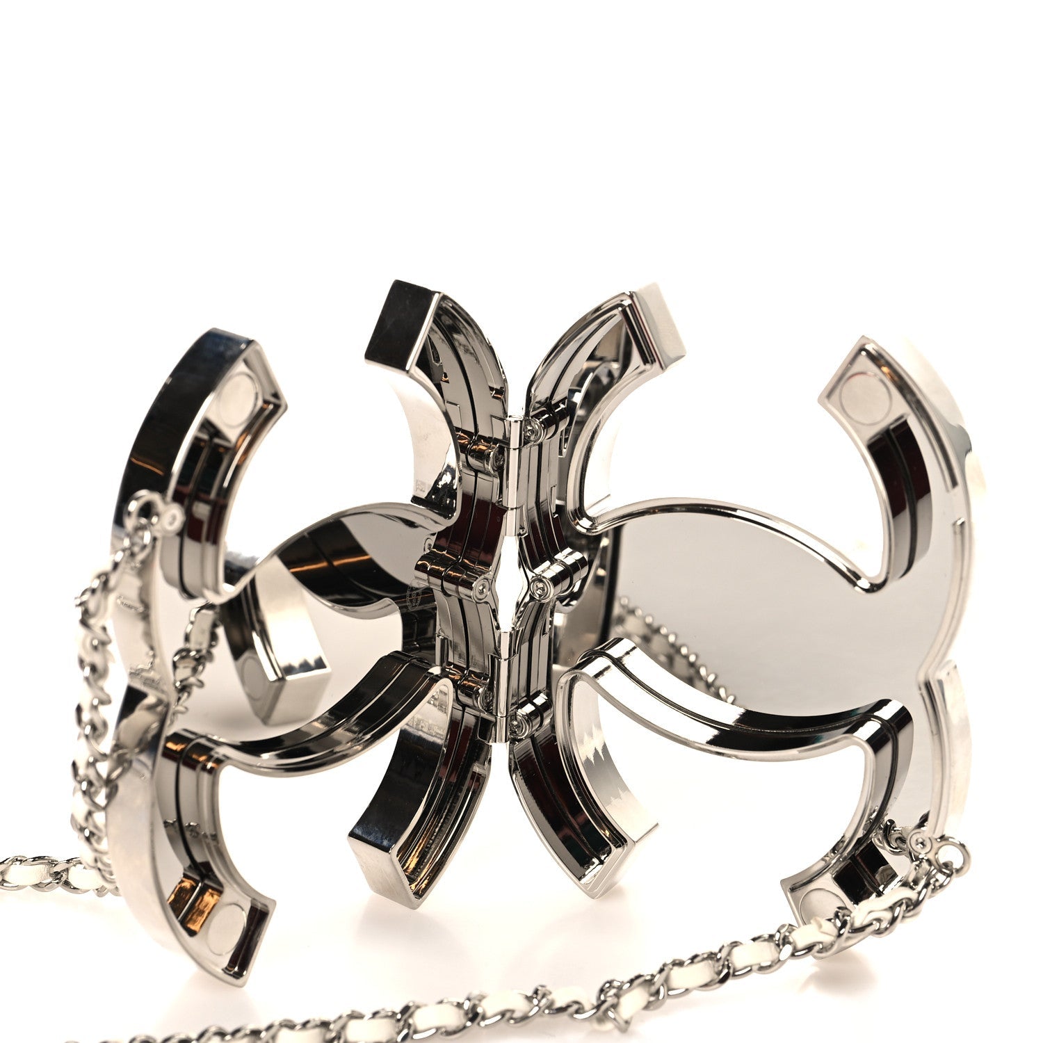 Metal Lambskin CC Mirror Crossbody Necklace Silver White