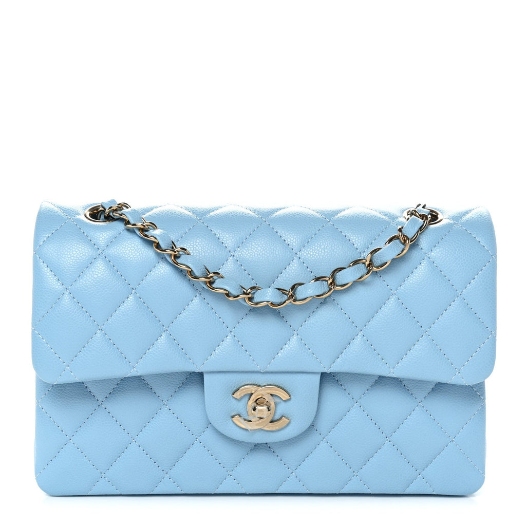 Caviar Quilted Small Double Flap Light Blue