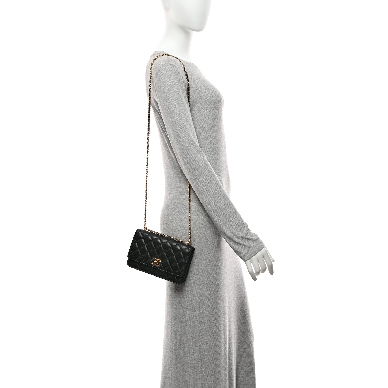 Shiny Lambskin Quilted Dynasty Wallet On Chain WOC Black