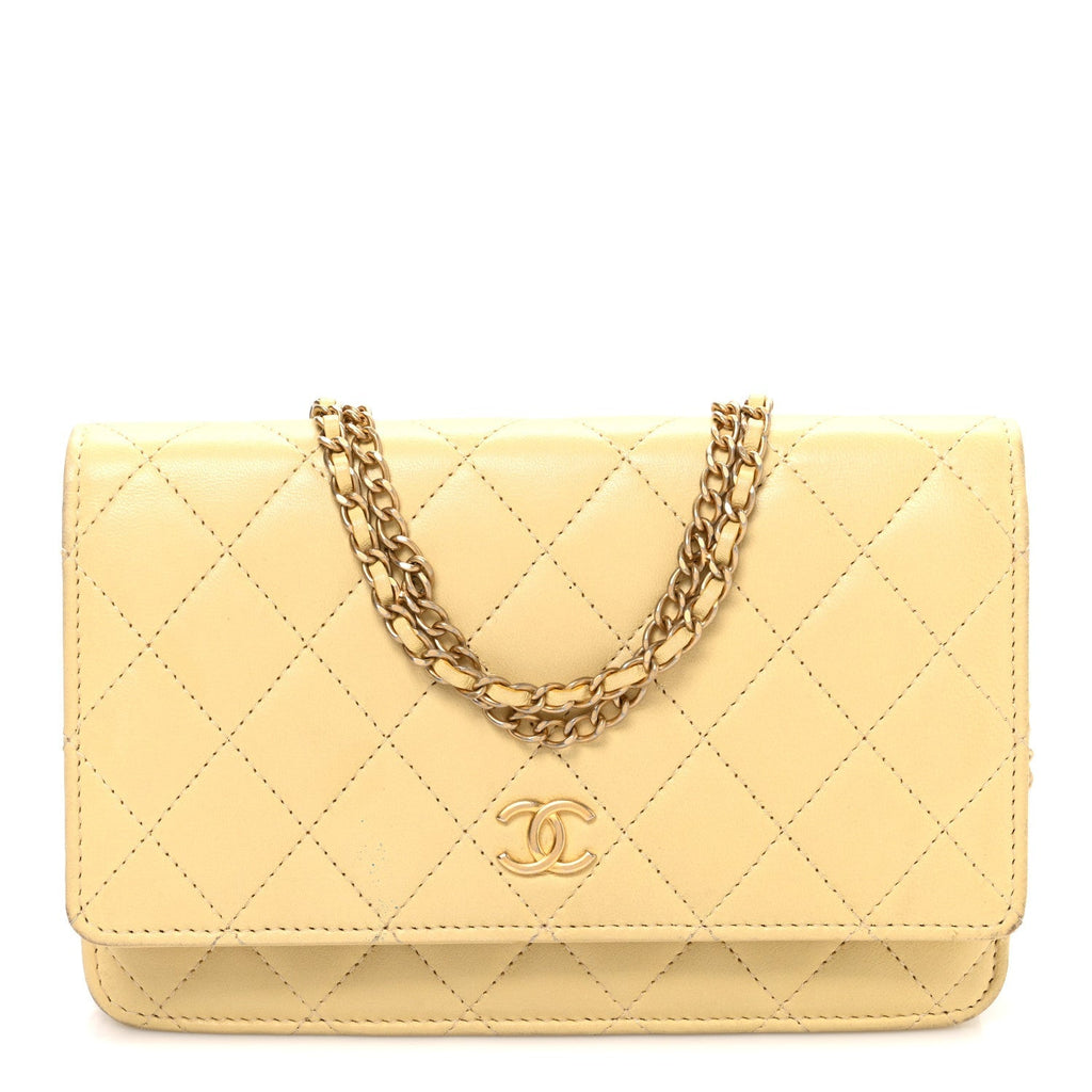 Lambskin Quilted Enamel Wallet On Chain WOC Yellow