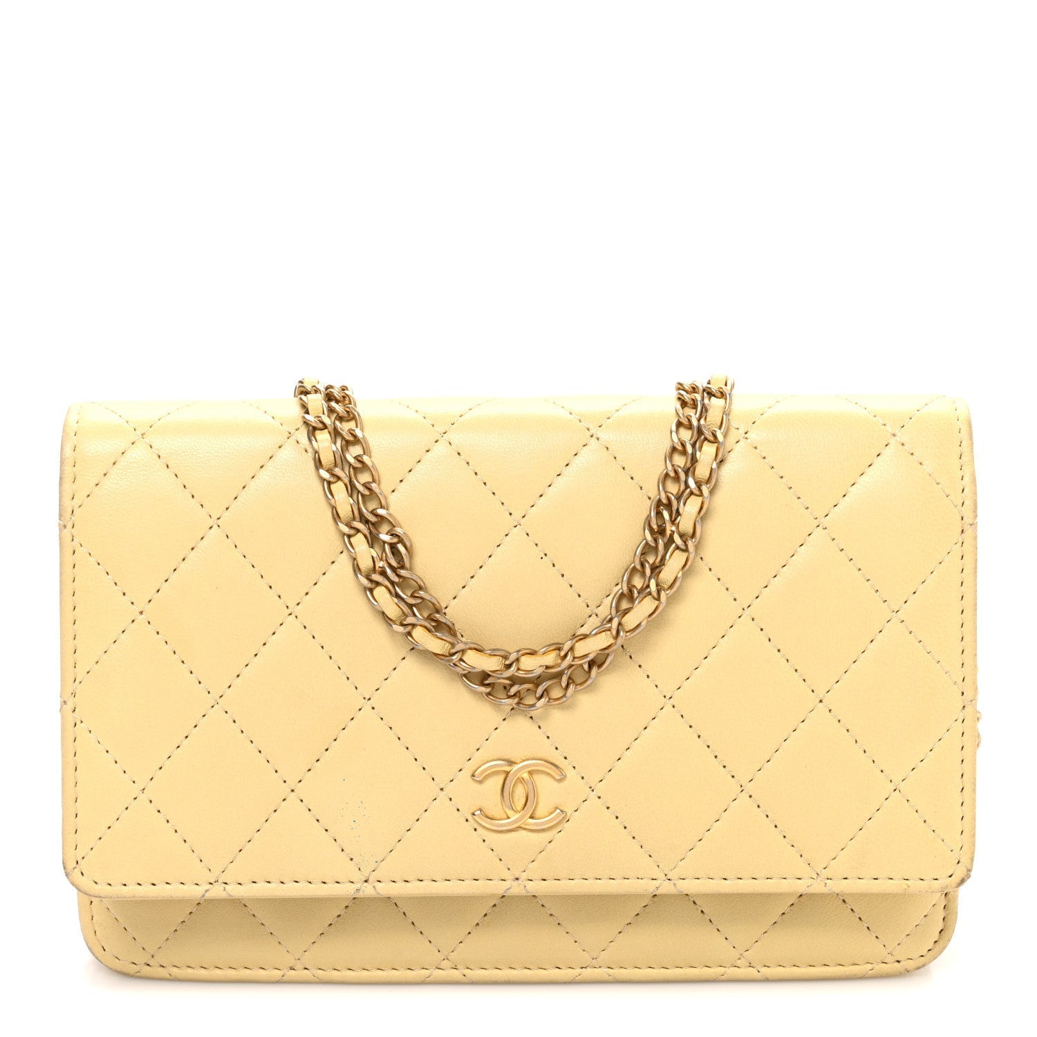 Lambskin Quilted Enamel Wallet On Chain WOC Yellow