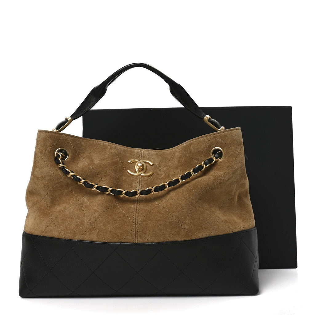 Suede Calfskin Shiny Lambskin Quilted Small Coco Base Shopping Bag Beige Black