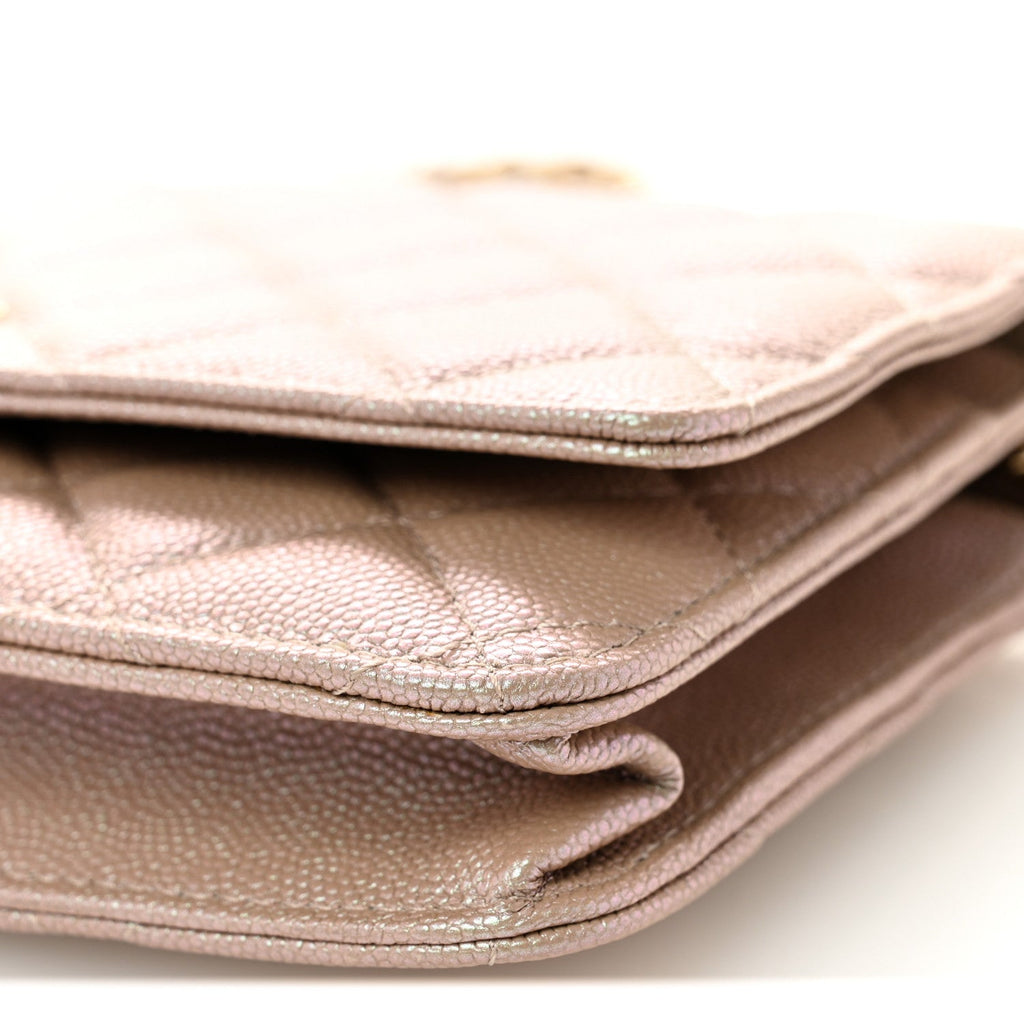 Iridescent Caviar Quilted Wallet on Chain WOC Beige