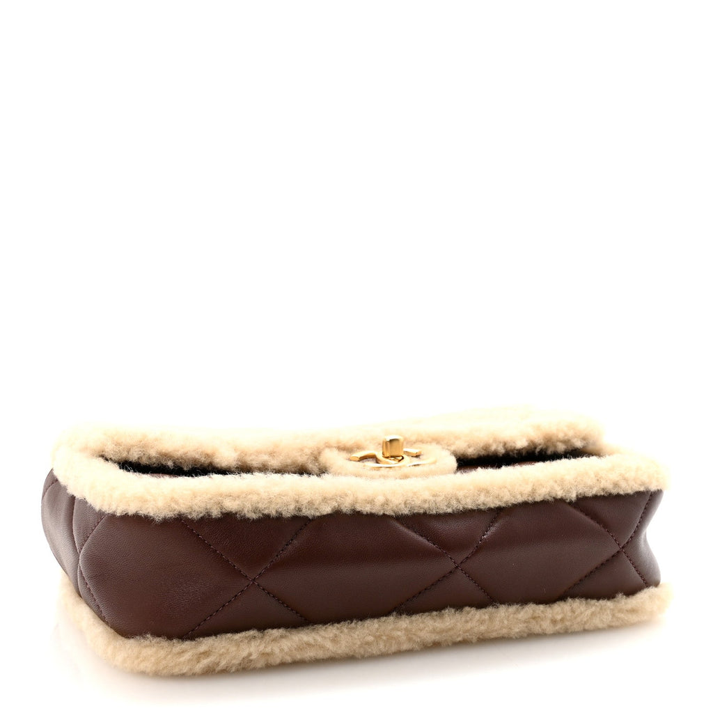 Shearling Lambskin Quilted Furry Coco Flap Beige Dark Brown