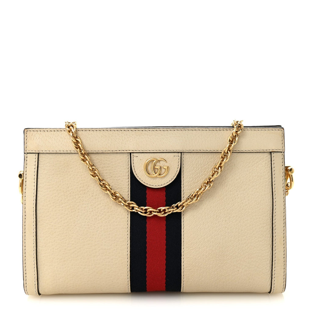 Textured Calfskin Web Small Ophidia Chain Shoulder Bag Mystic White