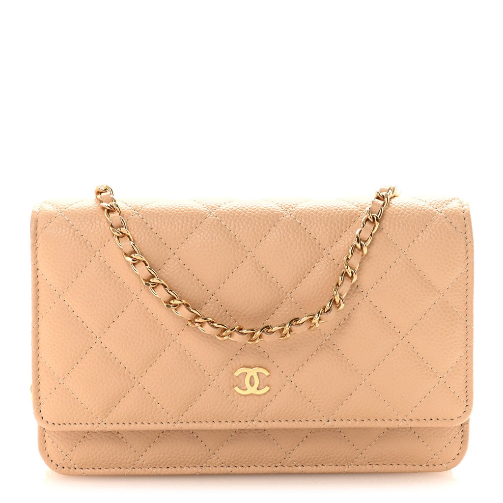 Caviar Quilted Wallet on Chain WOC Beige