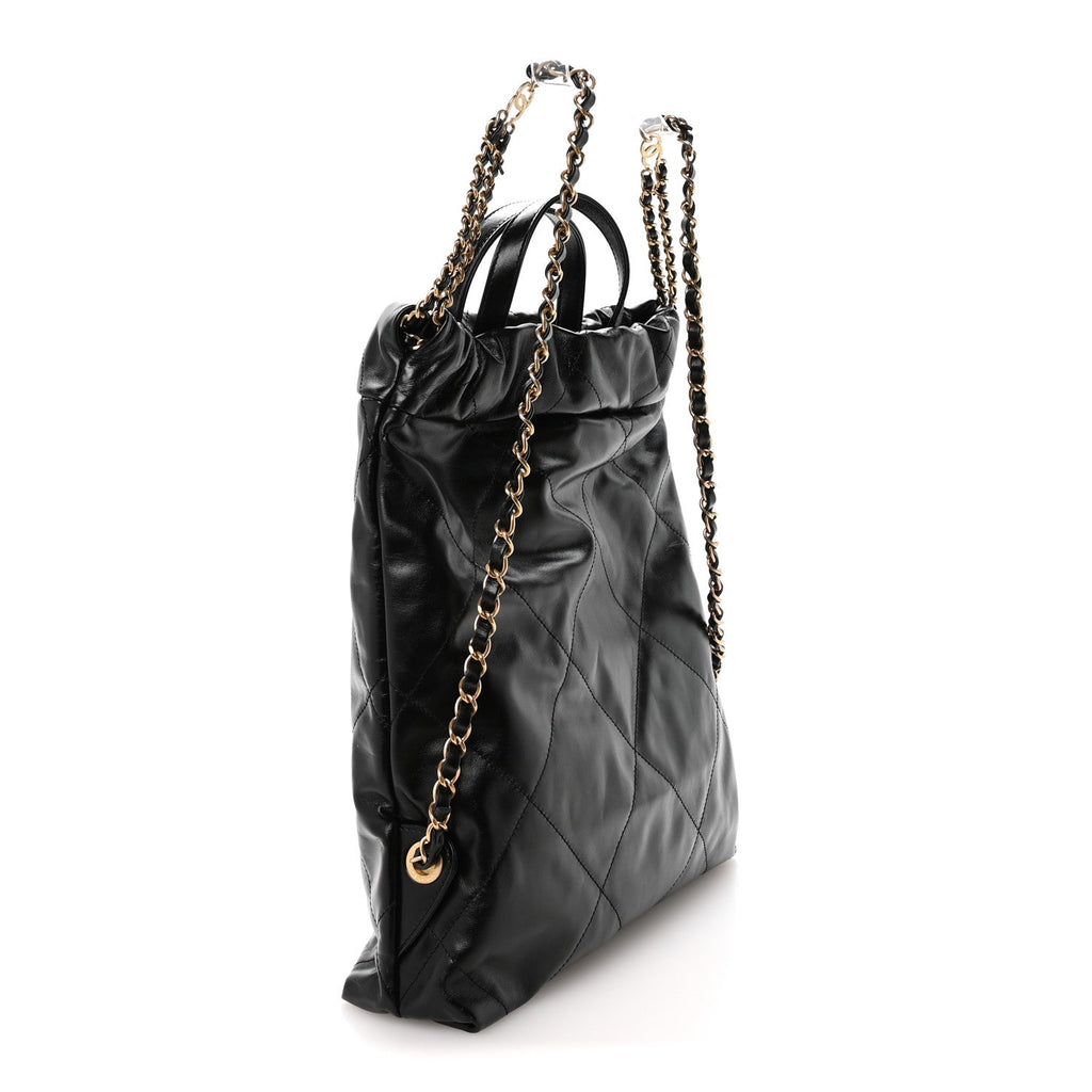 Shiny Calfskin Quilted Chanel 22 Backpack Black