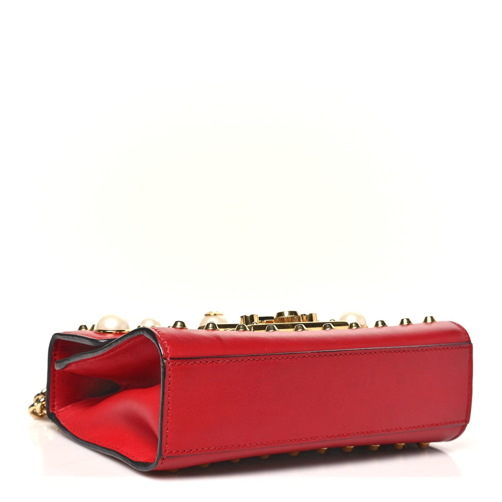 Calfskin Studded Small Padlock Shoulder Bag Hibiscus Red