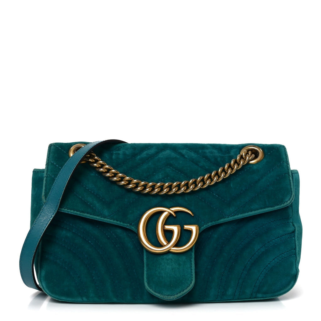 Velvet Matelasse Small GG Marmont Shoulder Bag Pavone Cyan