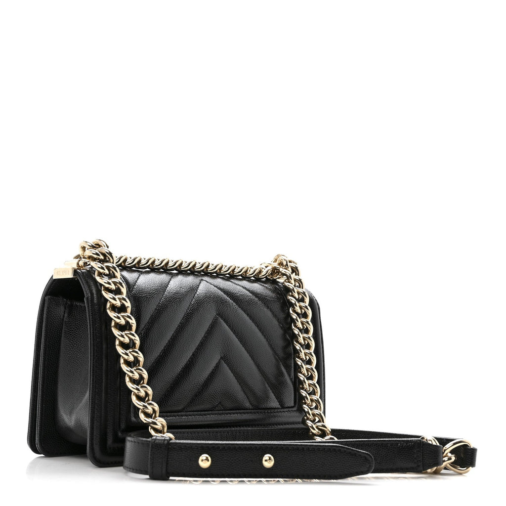 Caviar Chevron Quilted Small Boy Flap Black