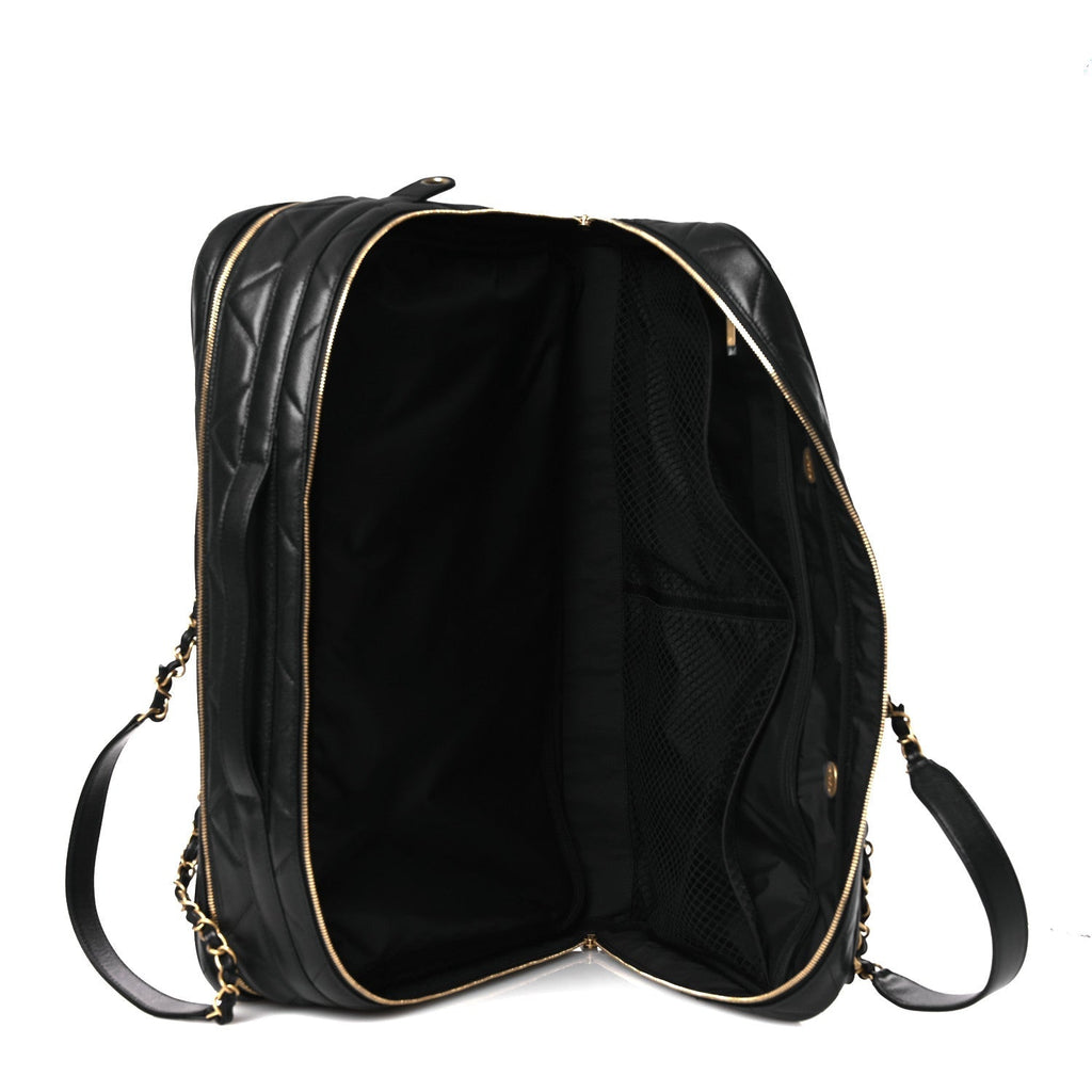 Shiny Grained Calfskin Quilted Large Travel Bowling Bag Black