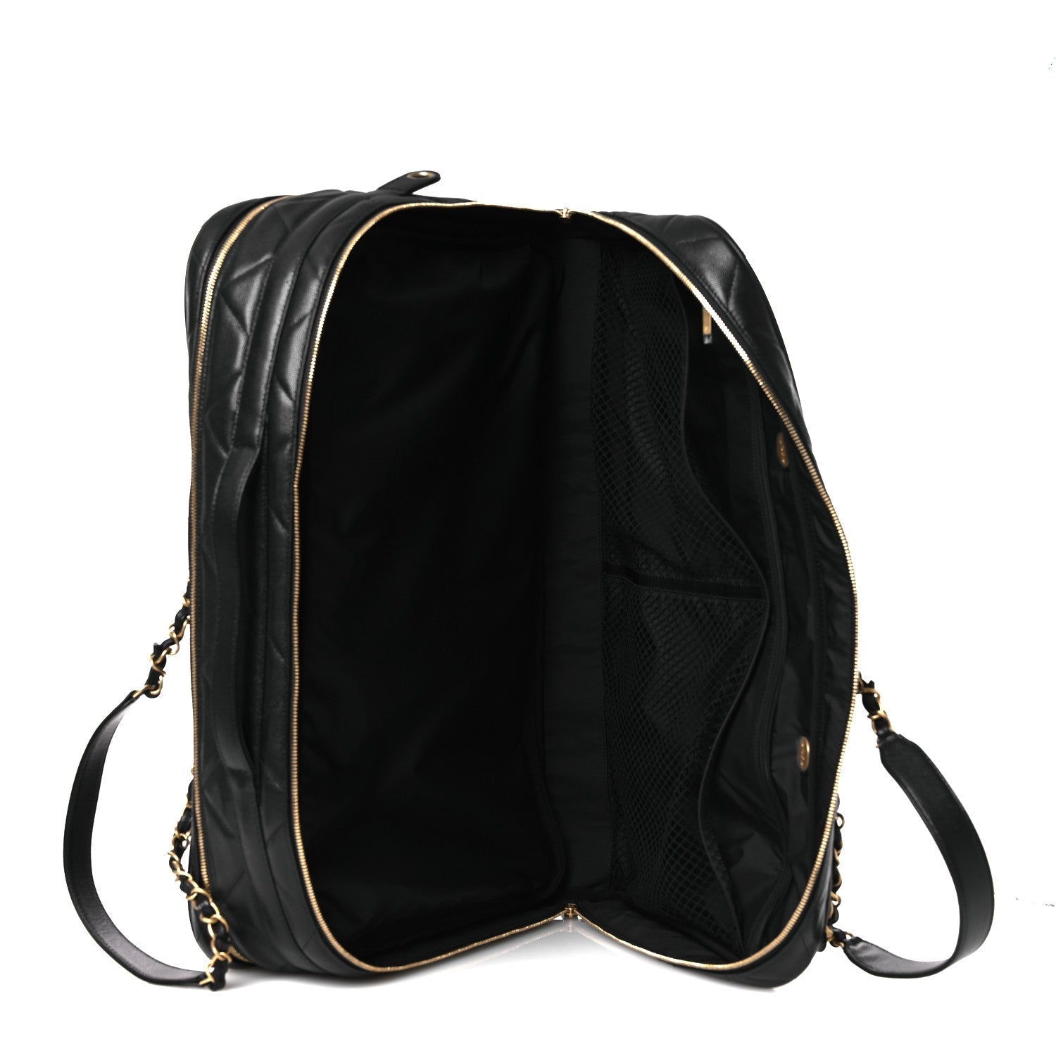 Shiny Grained Calfskin Quilted Large Travel Bowling Bag Black