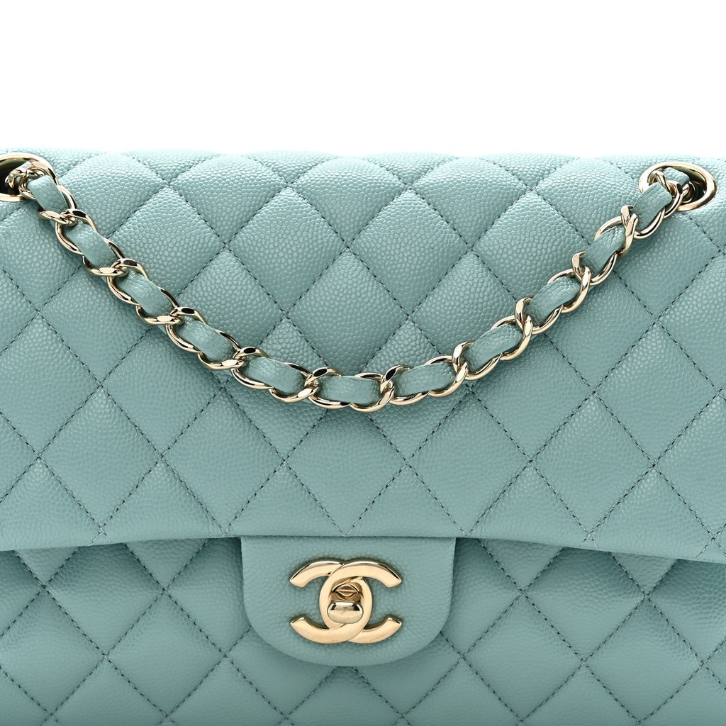 Caviar Quilted Medium Double Flap Light Blue