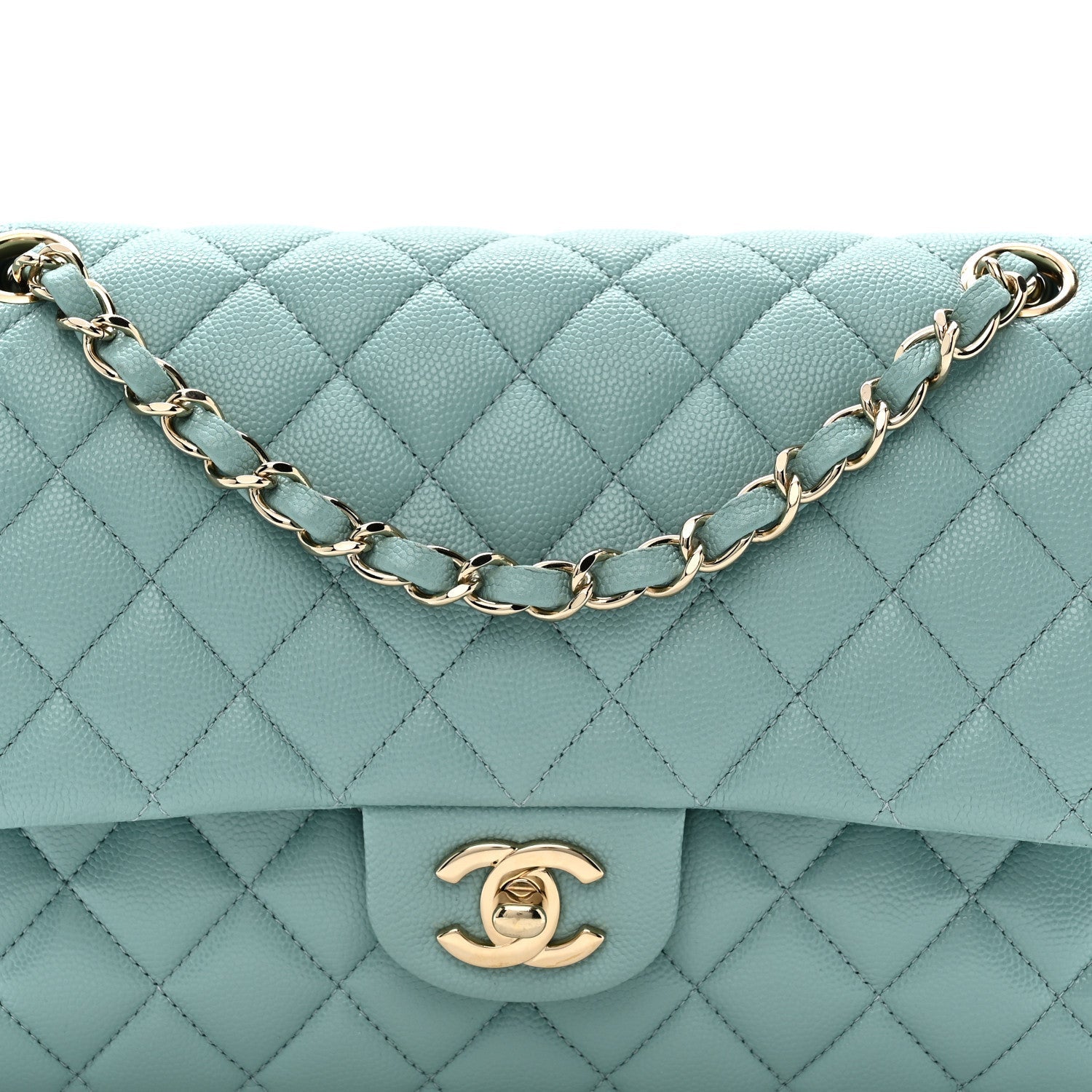 Caviar Quilted Medium Double Flap Light Blue