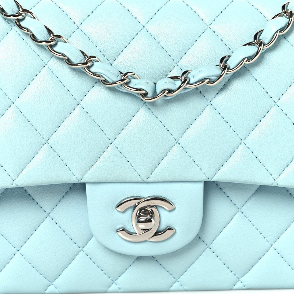 Lambskin Quilted Medium Double Flap Light Blue