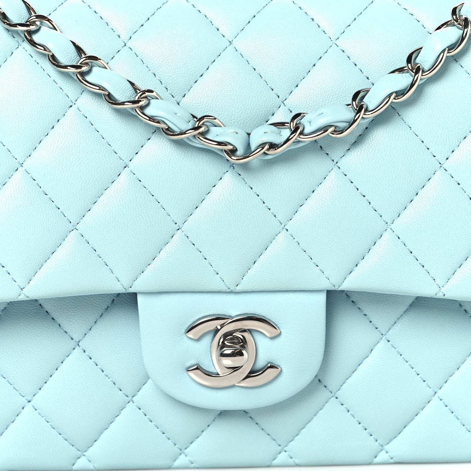 Lambskin Quilted Medium Double Flap Light Blue