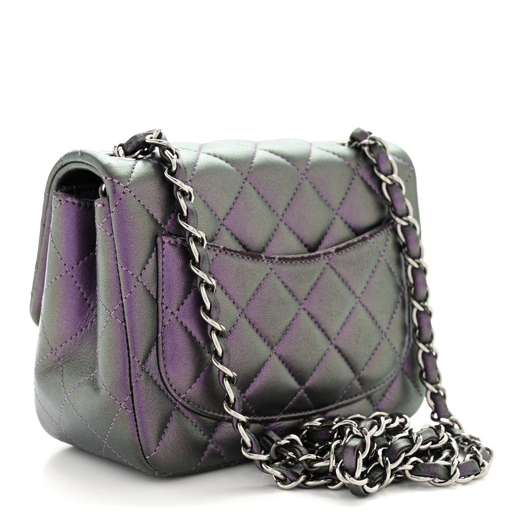 Iridescent Lambskin Quilted Mini Square Flap Dark Purple