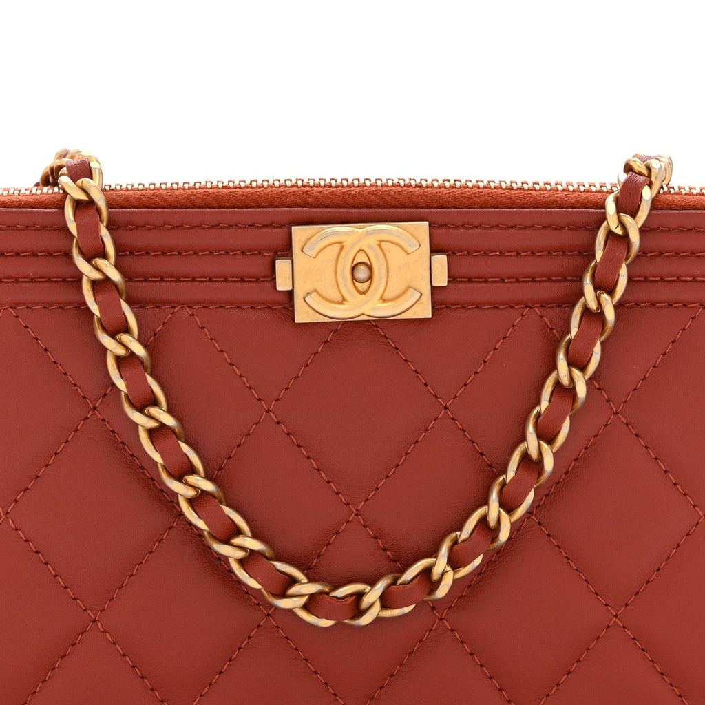 Lambskin Quilted Small Boy Clutch With Chain Orange