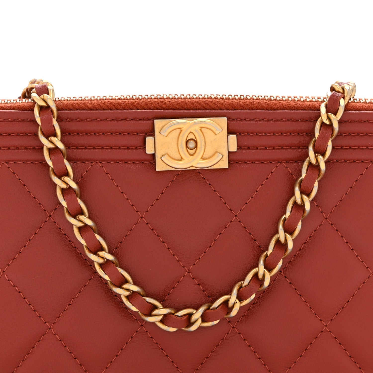 Lambskin Quilted Small Boy Clutch With Chain Orange