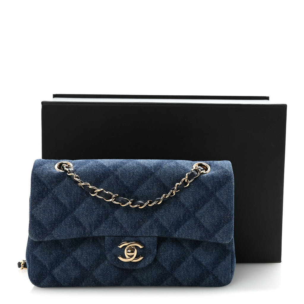 Printed Denim Quilted Small Double Flap Blue