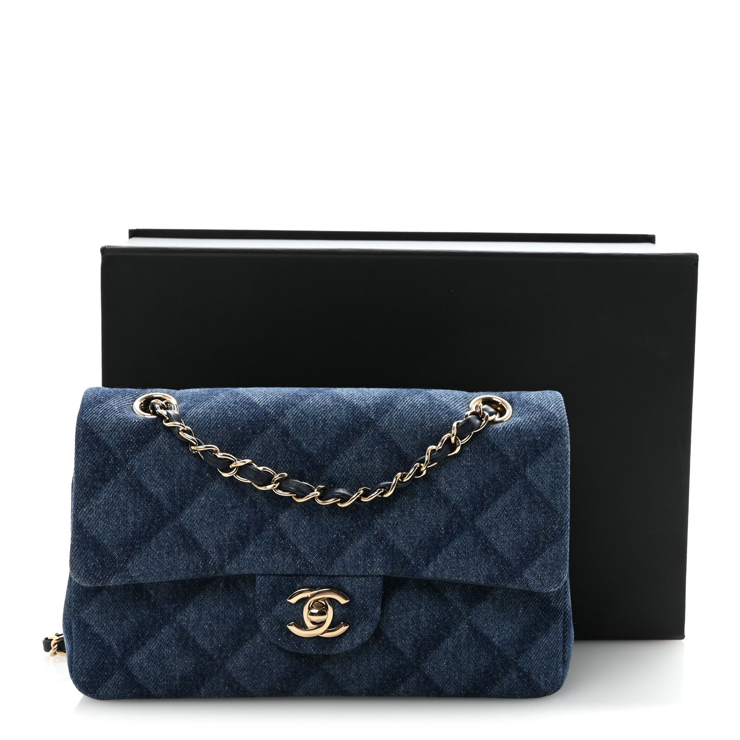 Printed Denim Quilted Small Double Flap Blue