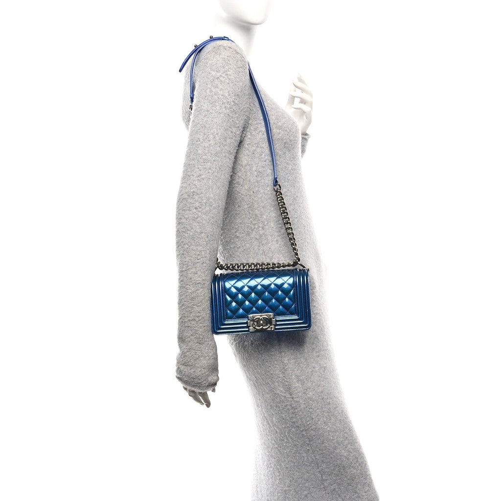 Metallic Patent Calfskin Quilted Small Boy Flap Blue