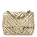 Patent Metallic Crumpled Calfskin Chevron Quilted Mini Square Flap Gold