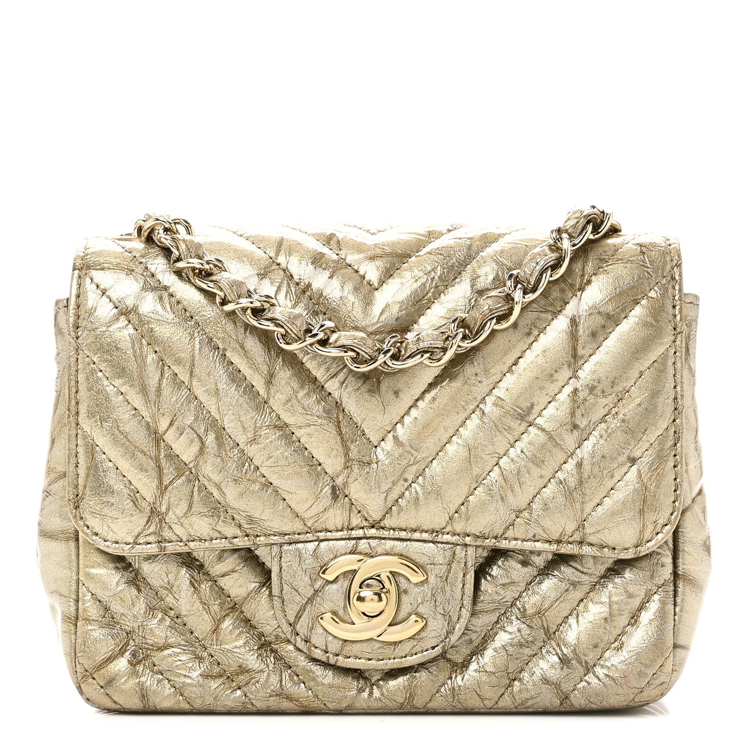 Patent Metallic Crumpled Calfskin Chevron Quilted Mini Square Flap Gold