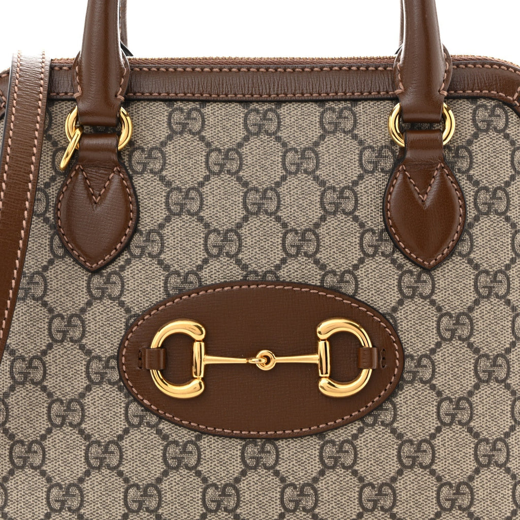 GG Supreme Monogram Azalea Calfskin Small Horsebit 1955 Top Handle Bag Beige Ebony Brown Sugar