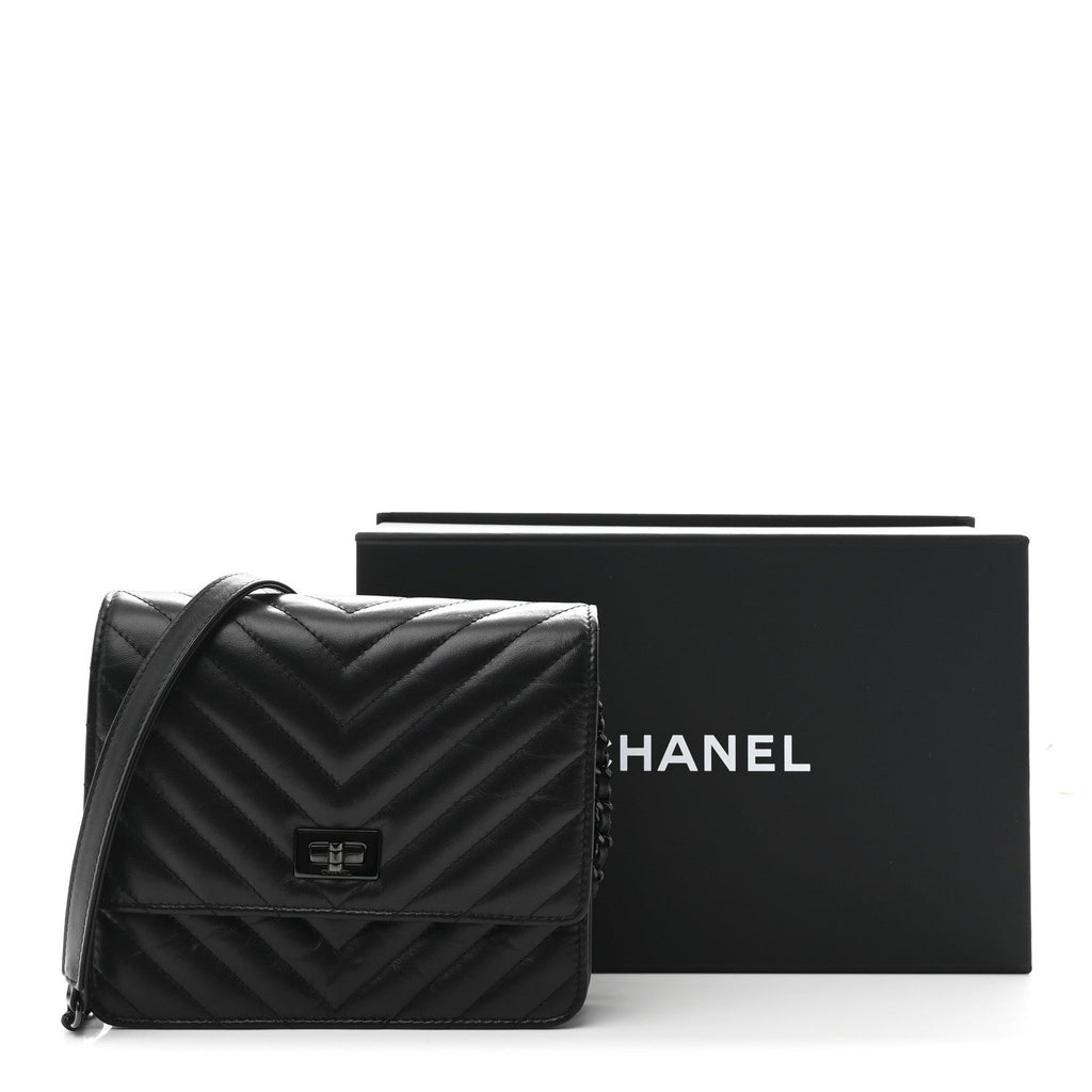 Aged Calfskin Chevron Quilted Reissue 2.55 Square Wallet On Chain WOC So Black