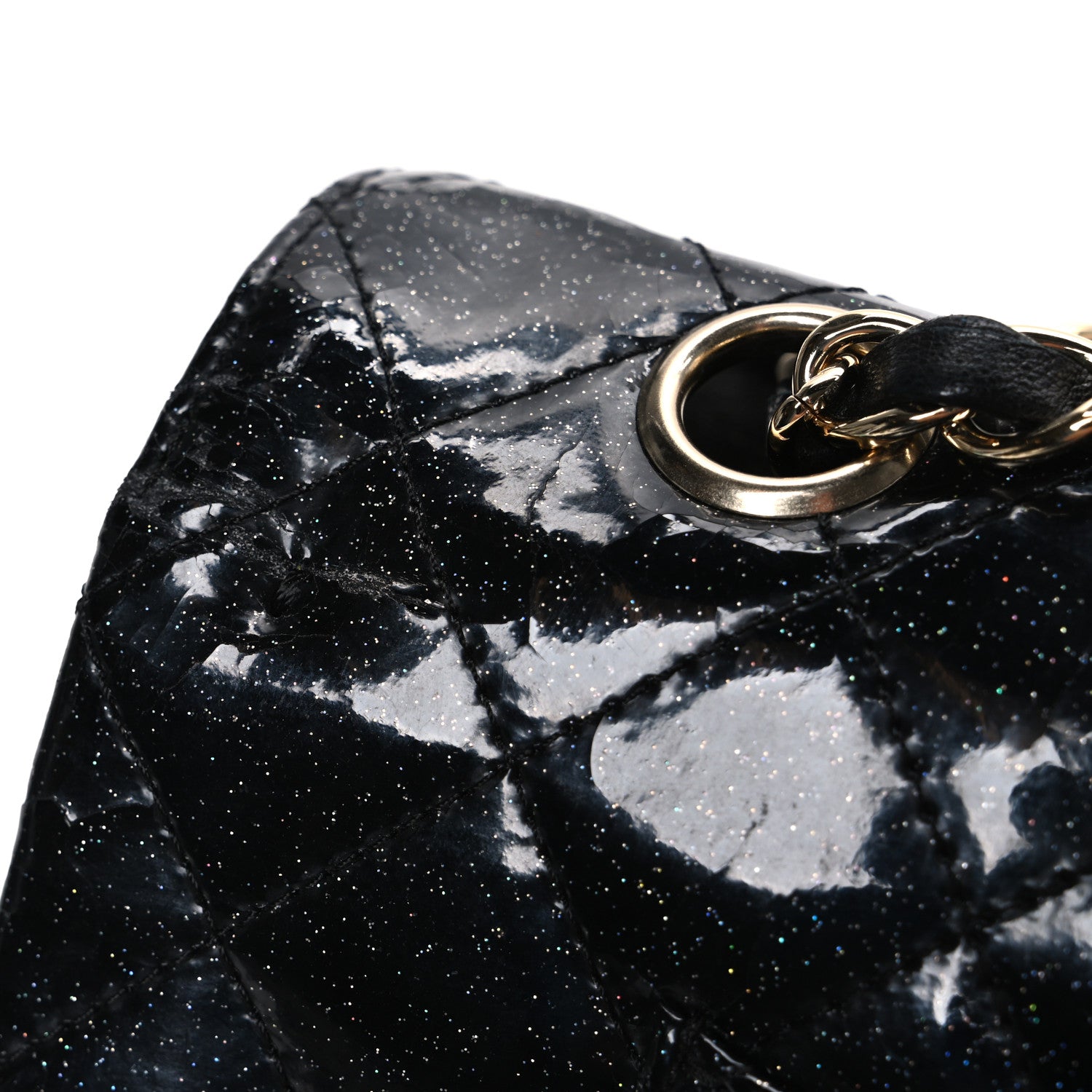 Patent Quilted Sparkle Glitter Medium Double Flap Black