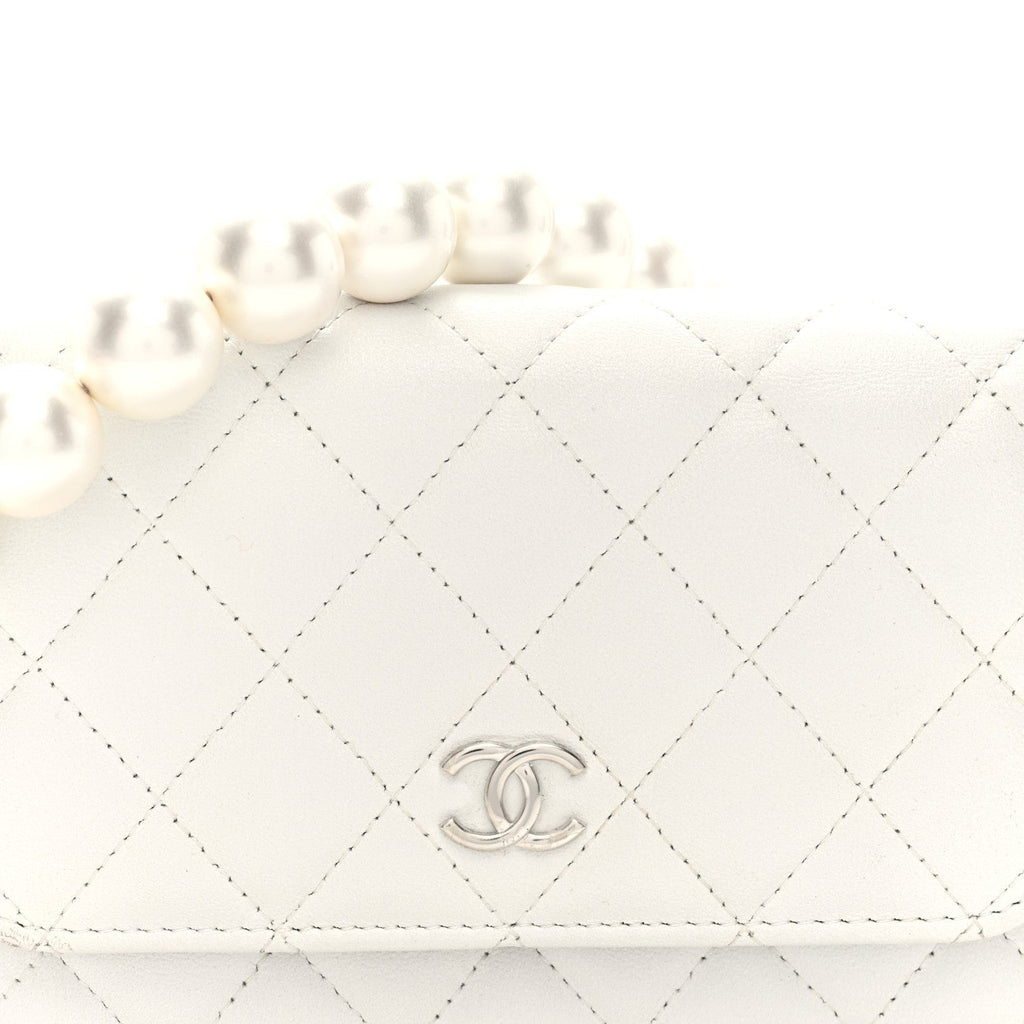 Lambskin Quilted Mini Pearl Wallet On Chain WOC White