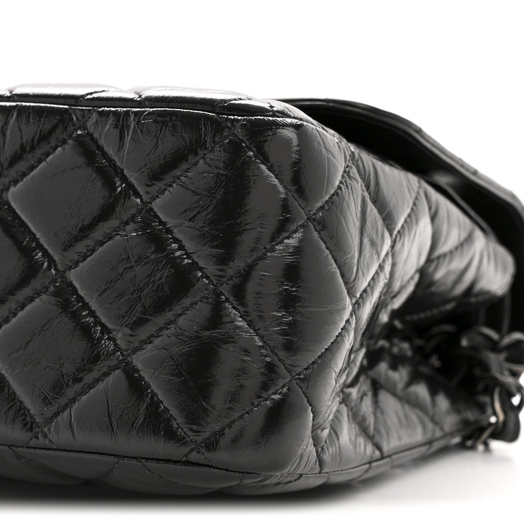 Shiny Crumpled Calfskin Quilted Jumbo Double Flap So Black