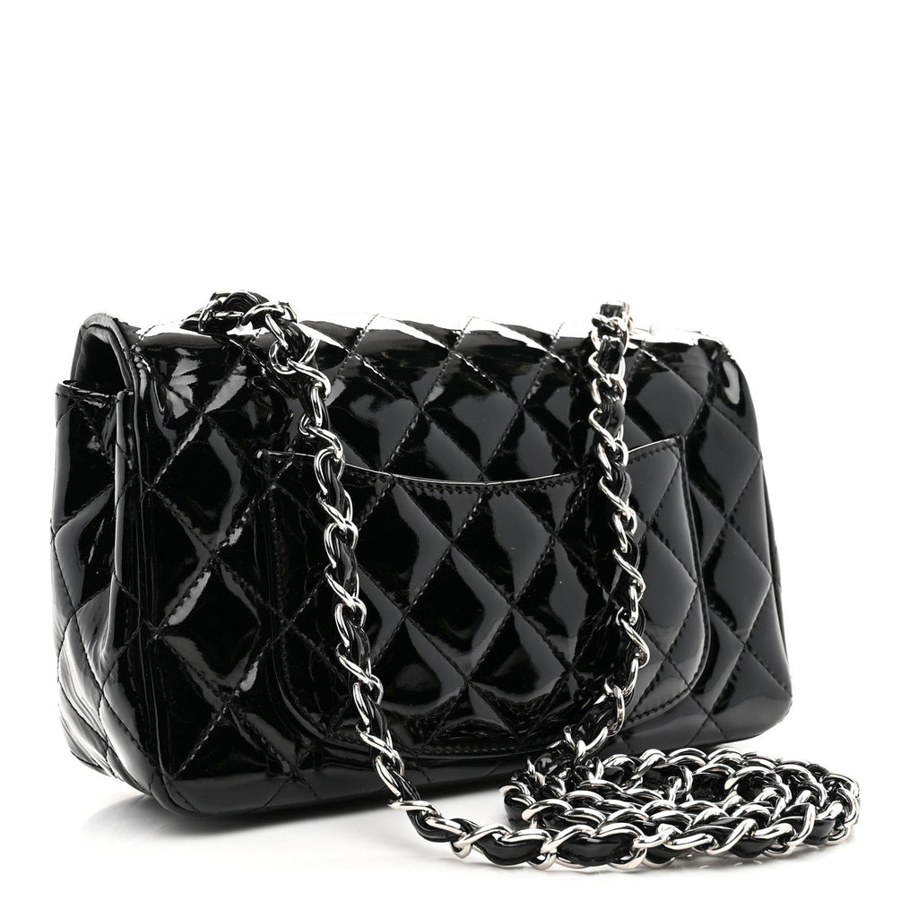 Patent Calfskin Quilted Mini Rectangular Flap Black