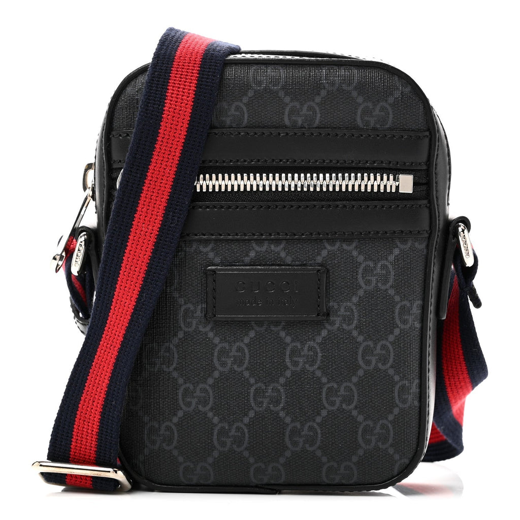 GG Supreme Monogram Appia Calfskin Web Small Camera Messenger Bag Black Grey