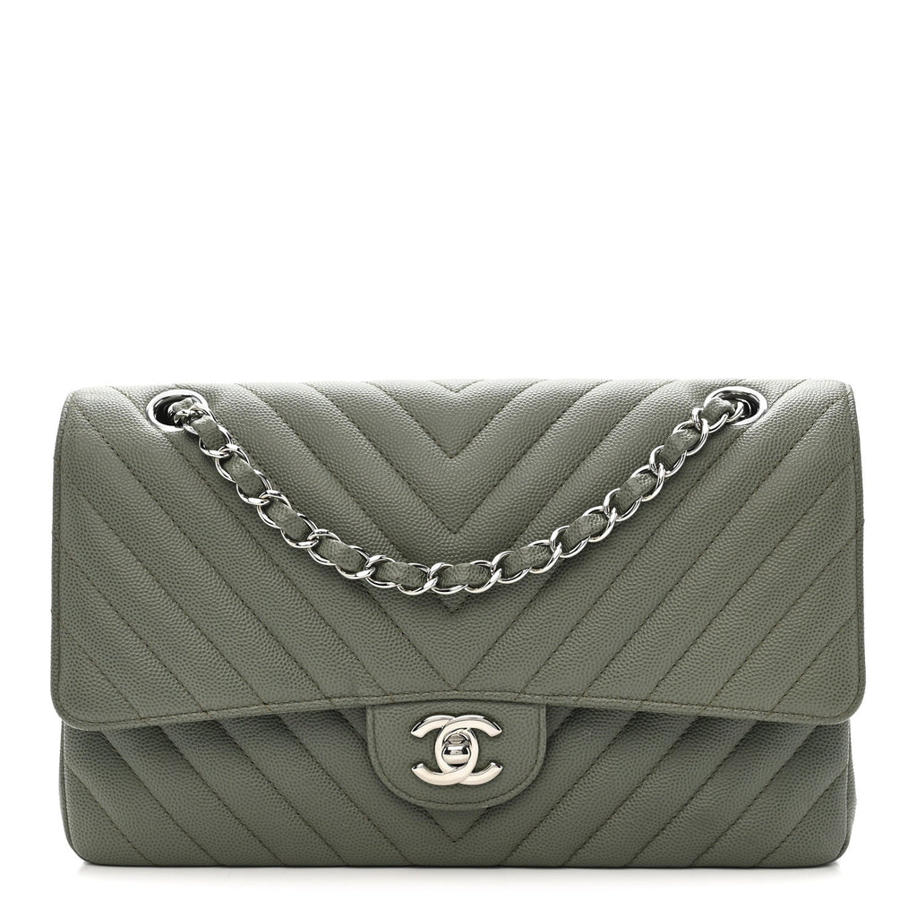 Caviar Chevron Quilted Medium Double Flap  Green