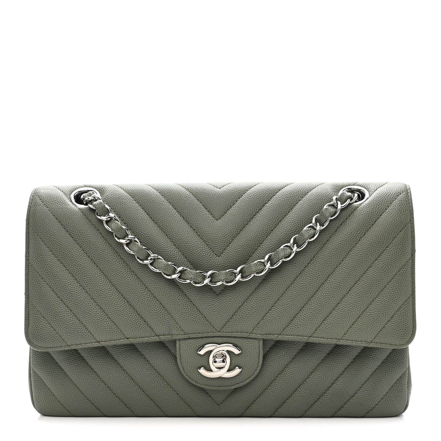 Caviar Chevron Quilted Medium Double Flap  Green