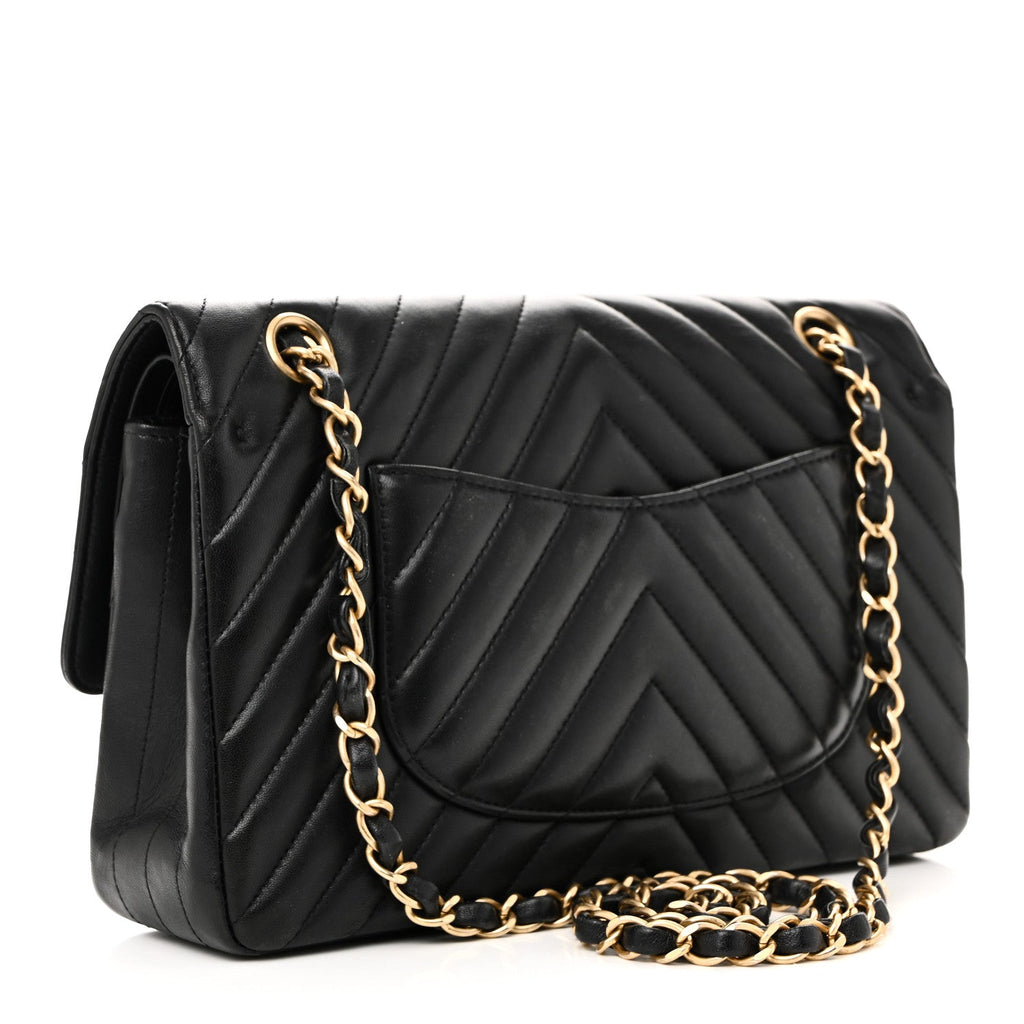Lambskin Chevron Quilted Medium Double Flap Black
