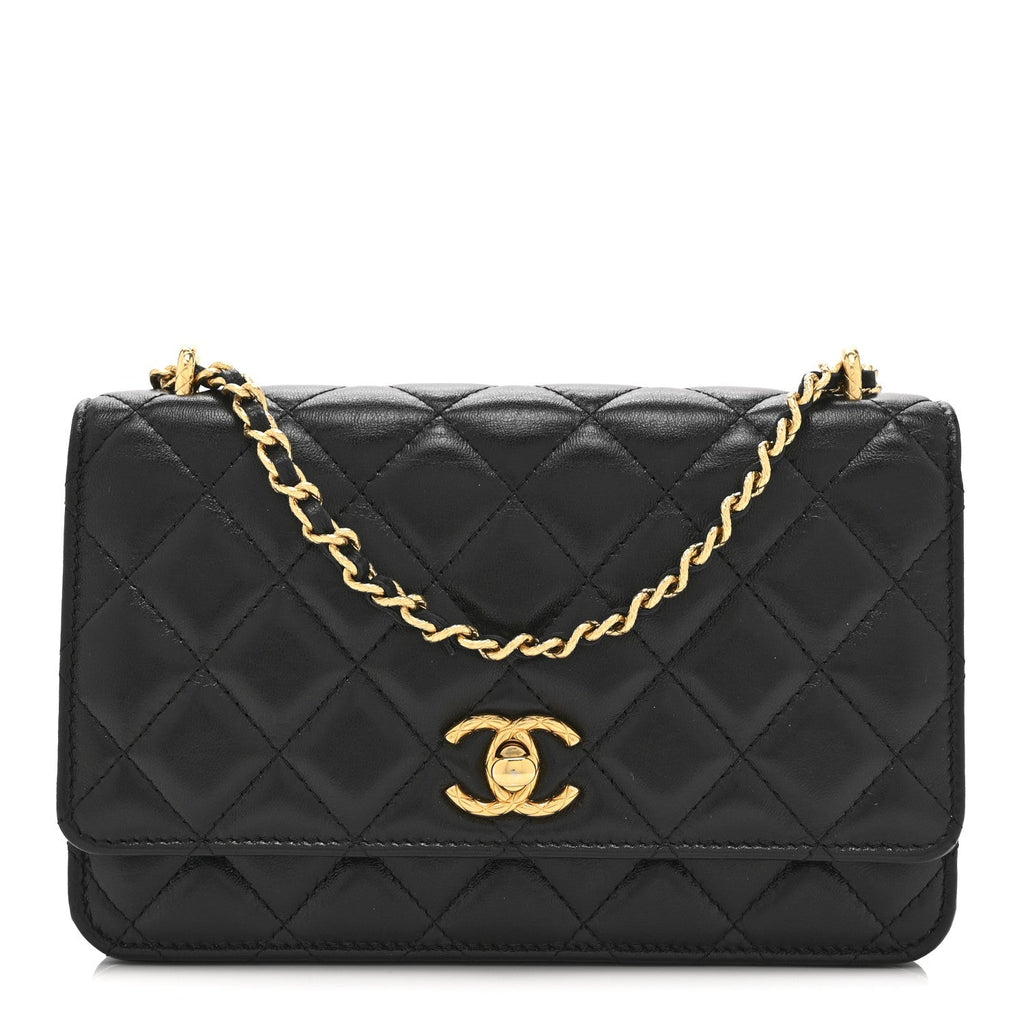 Shiny Lambskin Quilted Dynasty Wallet On Chain WOC Black