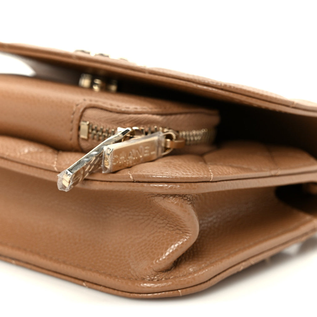 Caviar Quilted Business Affinity Clutch With Chain Flap Camel