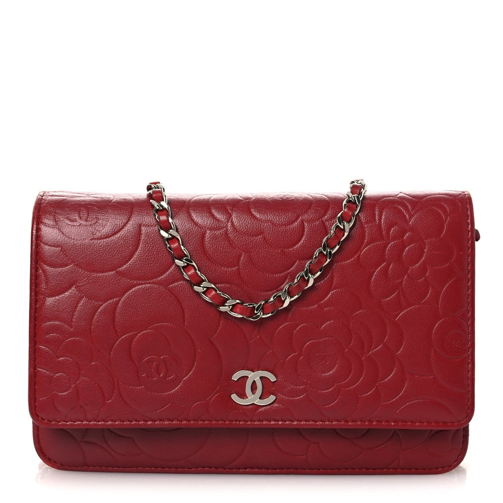 Lambskin Camellia Embossed Wallet on Chain WOC Red