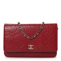 Lambskin Camellia Embossed Wallet on Chain WOC Red