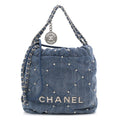 Washed Denim Quilted Studded Mini Chanel 22 Blue